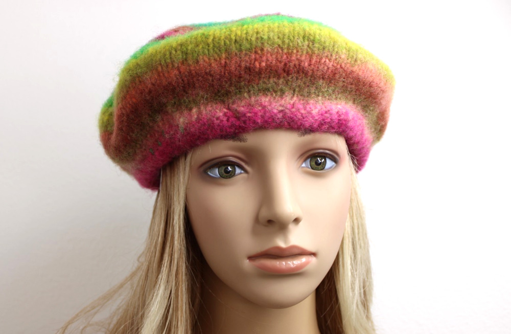Women's Wool Hand Knit Stripe Slouchy Beret Winter Hat Bohemian